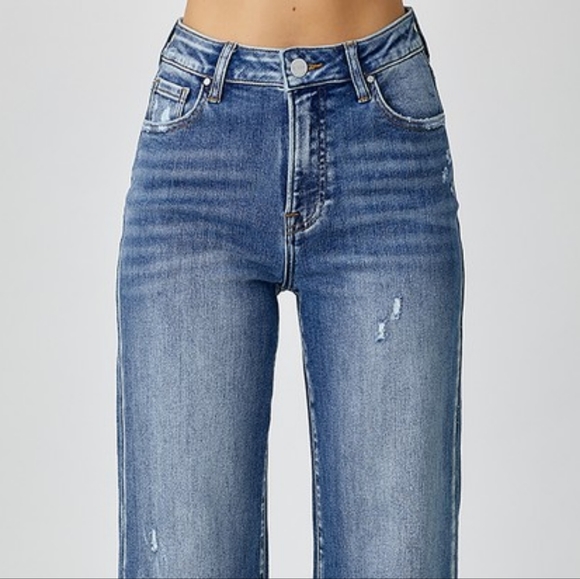 RISEN High-Rise Waist Straight Leg Mom Jeans Relaxed Fit Distressed Denim Pants - Picture 8 of 15